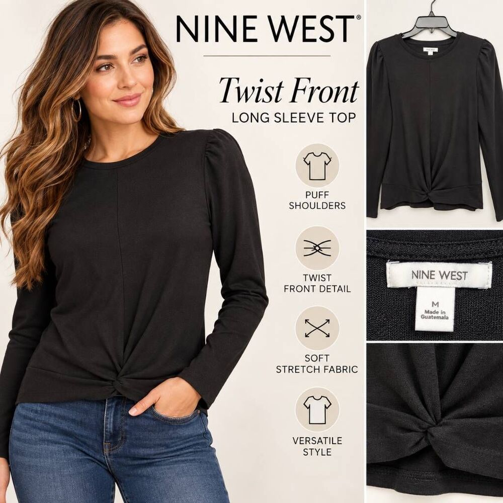 Nine West Women’s M Black Twist Front Long Sleeve Top Puff Shoulder NWT